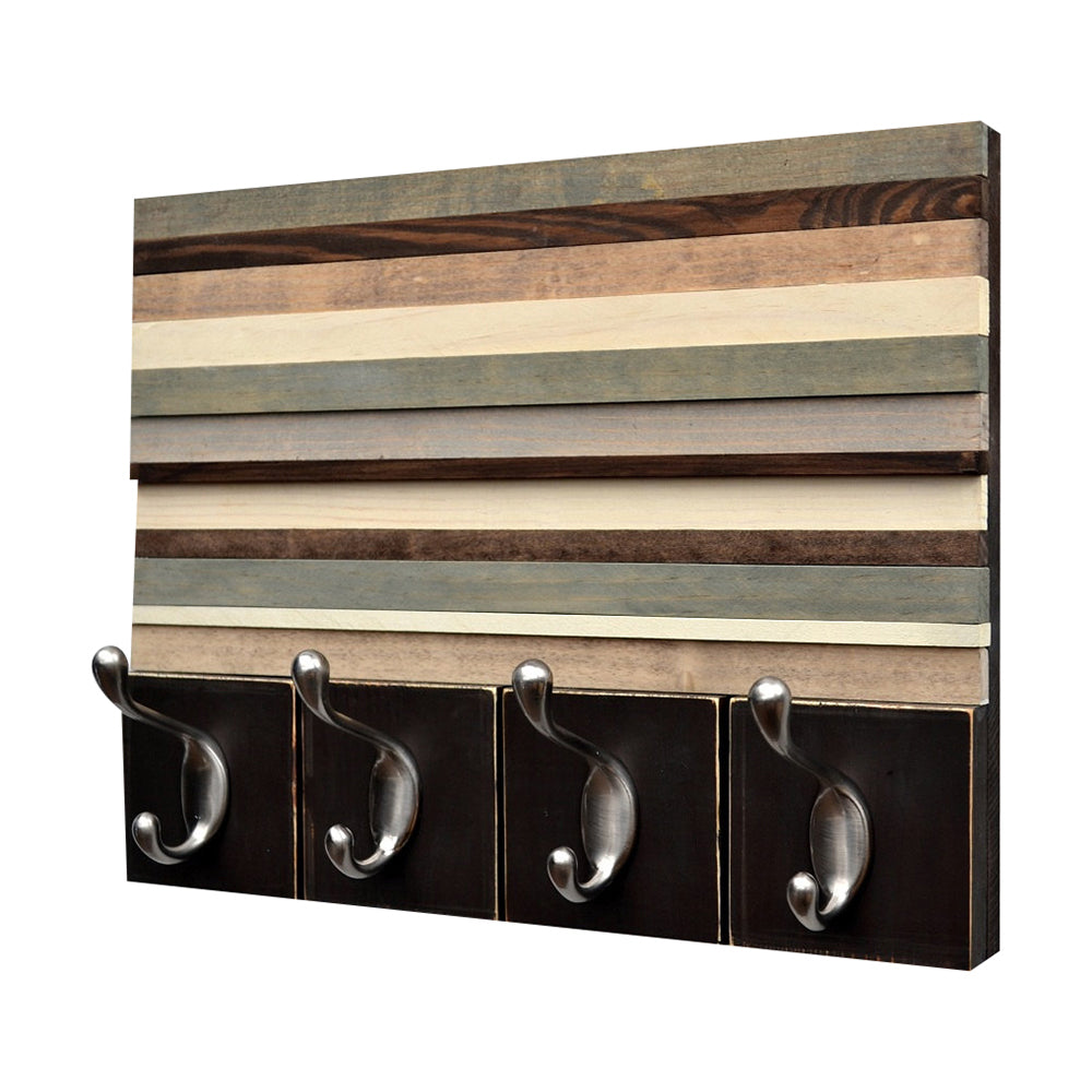 Wood Wall Art with Hooks - Key Hanger - Organizer - Recycled, Distressed Wood - 14x11 - Modern Textures
