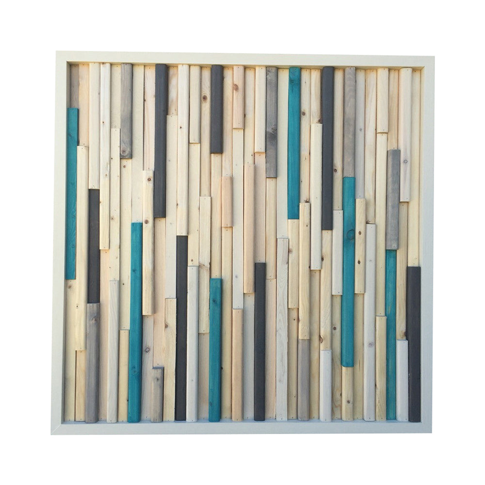 Wood Sculpture Wall Art - 3D Art- 24x24- White and turquoise - Modern Textures